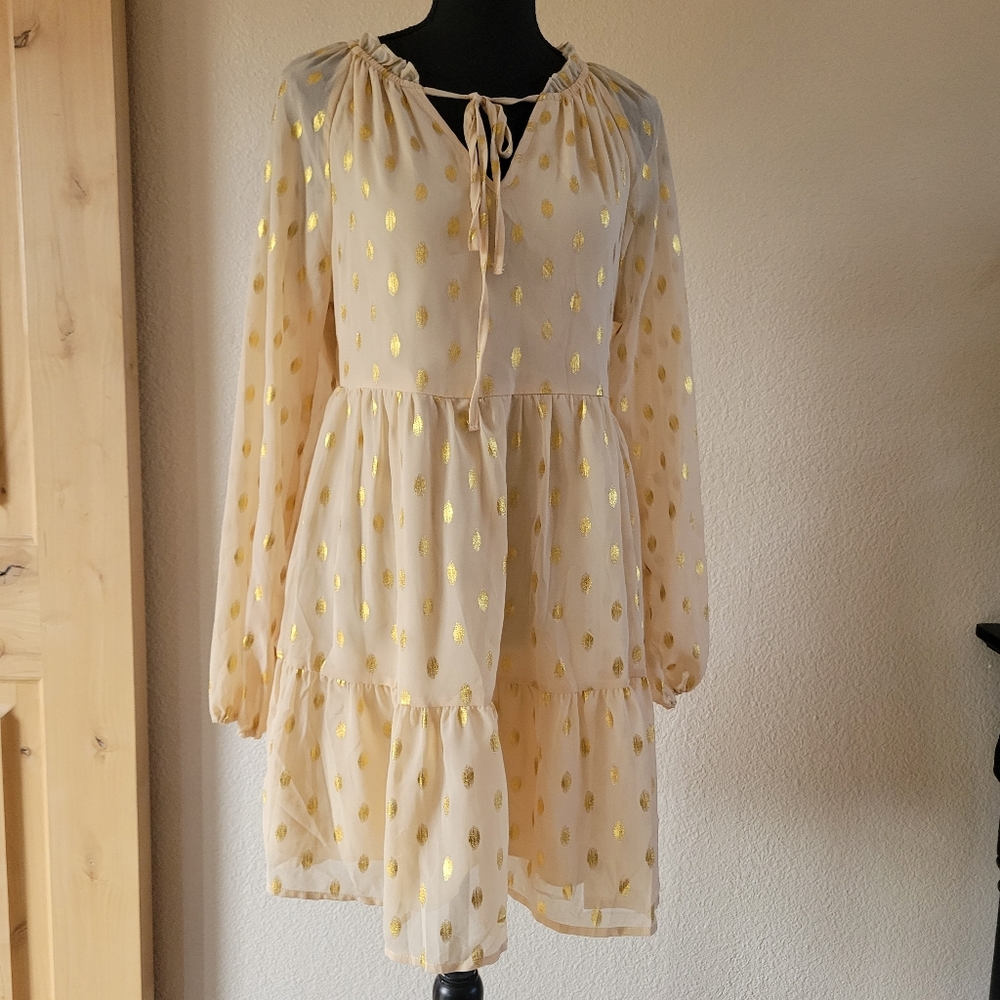 NWT KIRUNDO LongSleeve V Neck Ruffle Polka Dot Mini Dress Tiered  Tunic